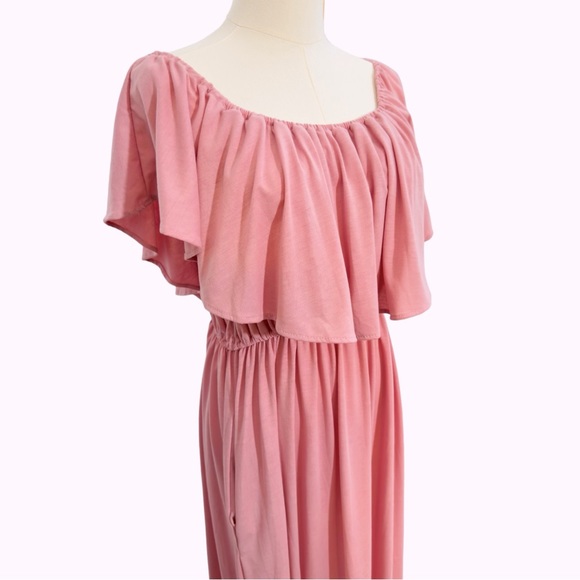 MAUVE Flowy Off The Shoulder Ruffle Party Dress Side Split Beach Maxi + POCKETS! - Picture 6 of 17